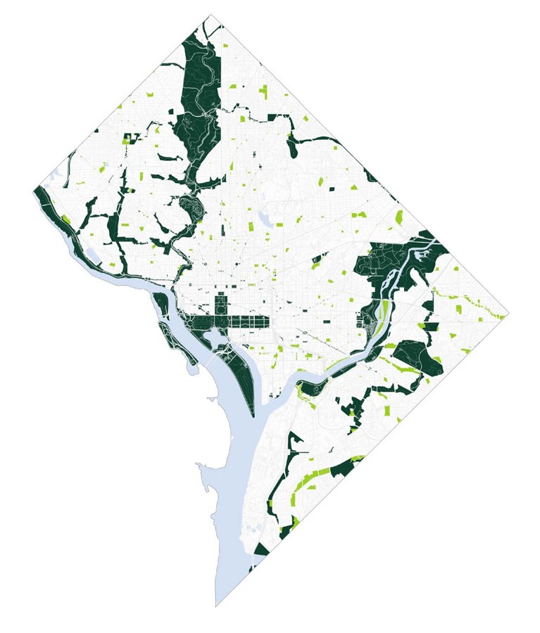 Map of Washington, DC showing large federal parklands in dark green and smaller, scattered local parks in light green